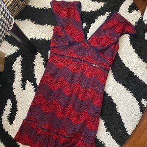 NWT Foxiedox Red/Navy Tiered Lace Dress Large